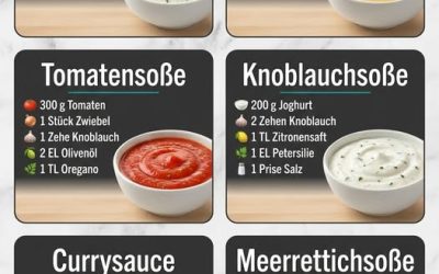 Kräutersauce, Käsesoße, Tomatensoße, Knoblauchsoße, Currysauce & Meerrettichsoße