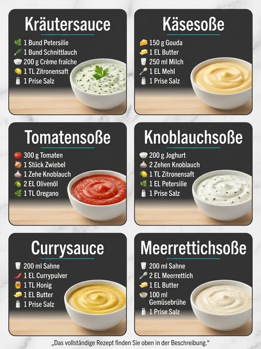 Kräutersauce, Käsesoße, Tomatensoße, Knoblauchsoße, Currysauce & Meerrettichsoße
