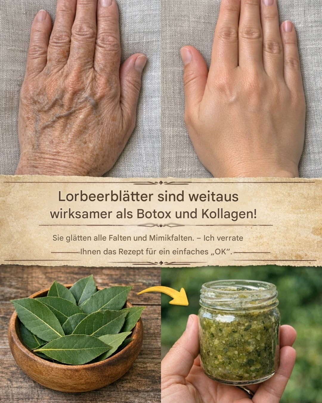 Lorbeerblätter sind viel wirksamer als Botox und Kollagen! Sie glätten alle Falten und Mimikfalten. Ich brauche Ihre Rückmeldung, um weiterhin meine Rezepte zu erhalten.